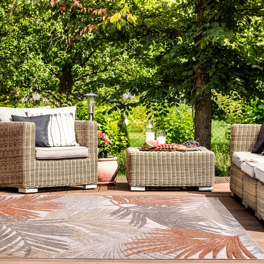 Outdoor Tropical D400A Botanical Palm Leaf Print rugs in Terracotta